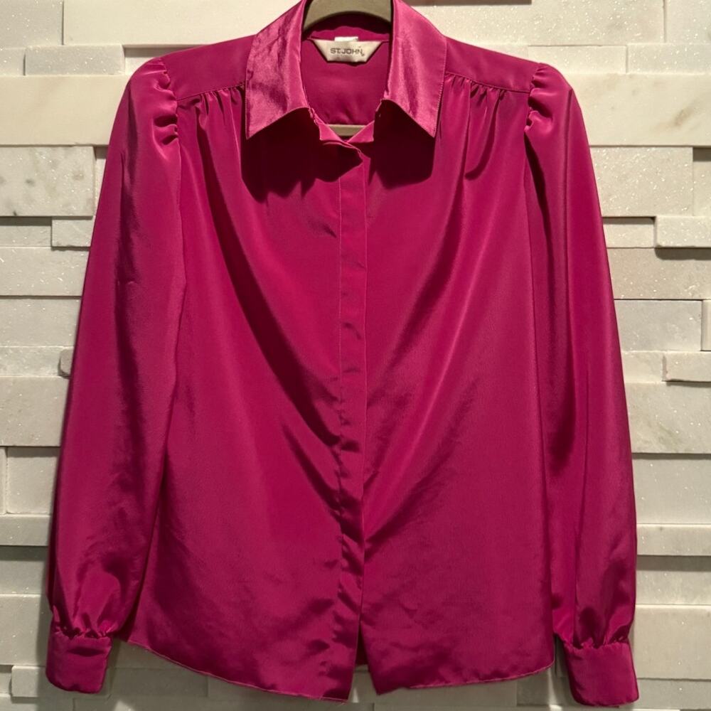 ST JOHN Satin Long Sleeve Button Front Long Sleeve Top Blouse Magenta Pink M